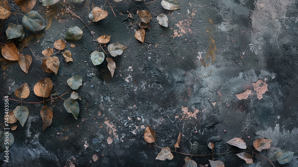 Plant leaves branch flora on old grunge garden wall. Background concept