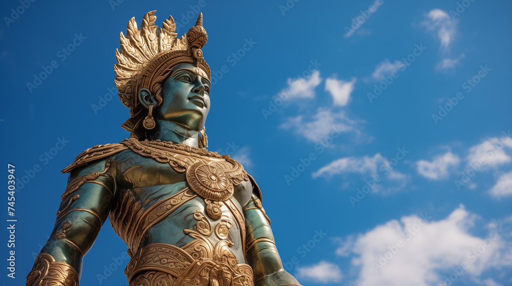 Majestic Bronze Statue of a Hindu God - Divine Figure with Golden Crown and Jewelry on a Sky Background