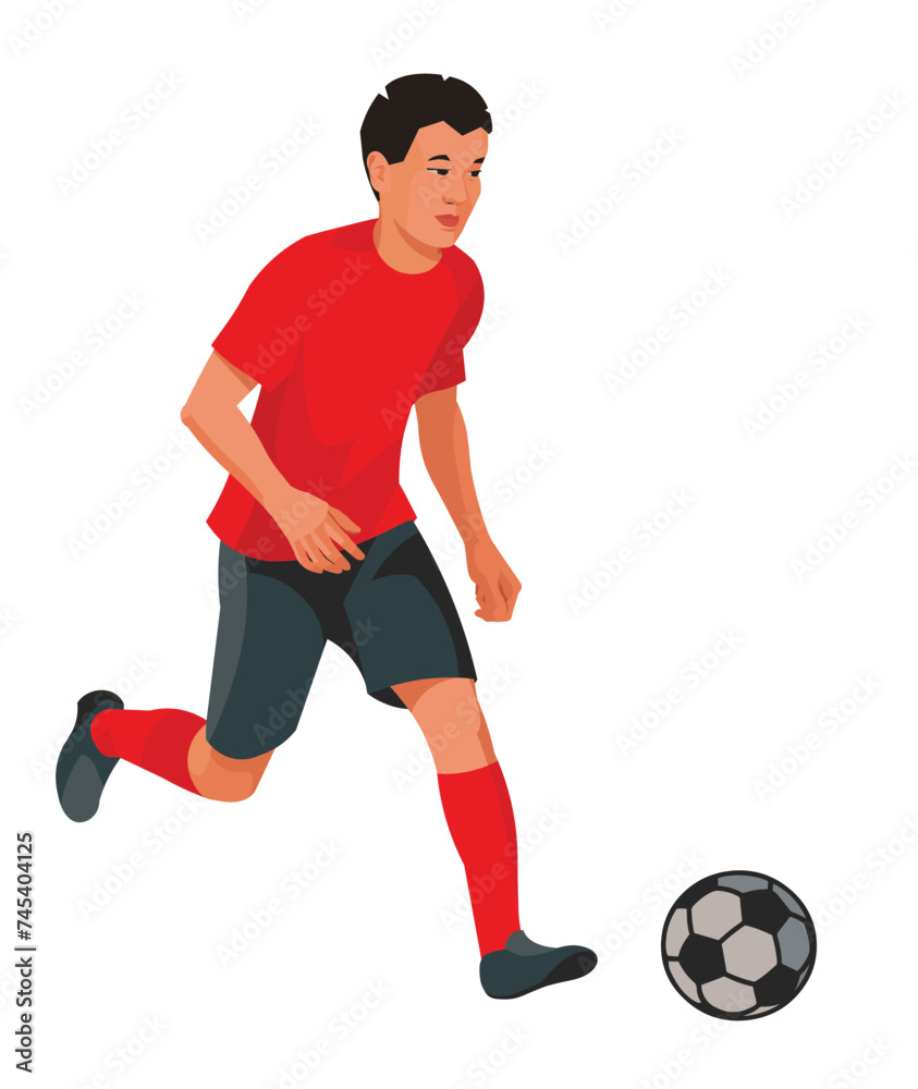 Figure of Vietnamese boy football player in red t-shirt stands upright with his foot on the ball