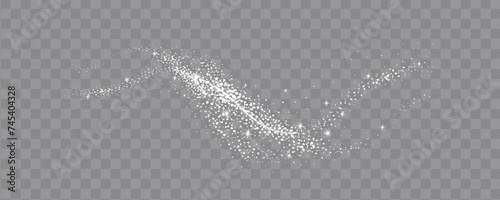 Collection of glittering stars with silver shimmering swirls, shiny glitter design. Magical motion, sparkling lines on a black background.
