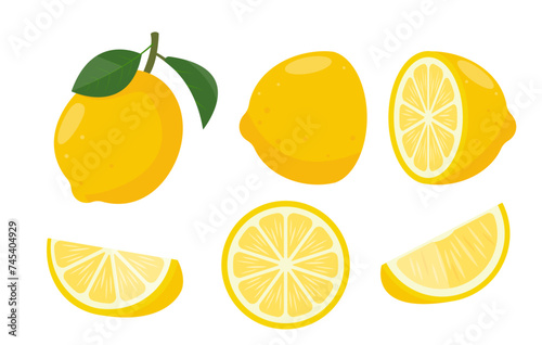 Fresh green lemon set. Whole lemon fruit with leaves, lemons slices and cut lemon. Organic fruits for lemonade juice or vitamin C healthy food. Vector illustration isolated on white background.