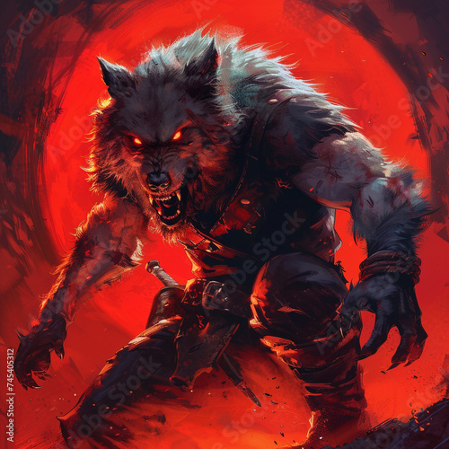 terrifying The Witcher 3 werewolf, full body, on the prowl, bright contrasting background, horror theme photo