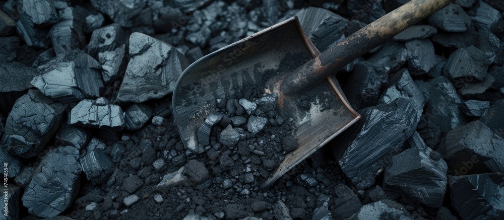 A shovel lies on top of a large pile of rocks, seemingly after being used for some heavy-duty work. The rocks are scattered around it, creating a rugged and industrial scene. - obrazy, fototapety, plakaty 