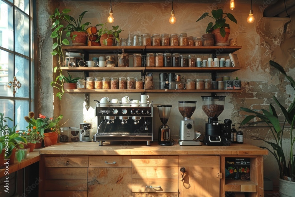 Rustic home coffee bar with espresso machine, grinder, and jars of coffee beans on wooden shelves, in warm ambient light.