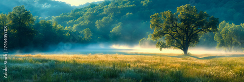 Foggy Meadow. Enchanting Sunrise