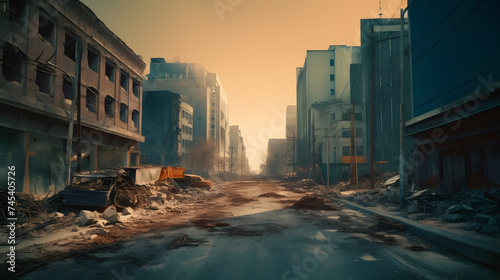 deserted city with debris