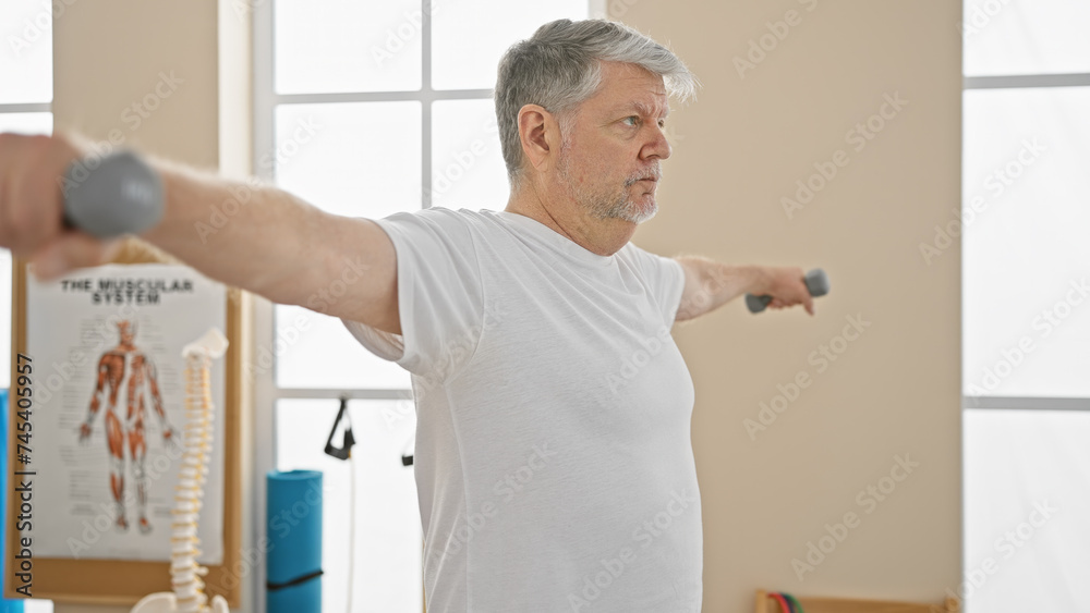 A senior man exercising with dumbbells in a physiotherapy rehab clinic.