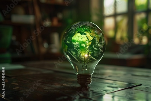 Renewable Energy.Environmental protection, renewable, sustainable energy sources. The green world map is on a light bulb that represents green energy Renewable energy that is important to the world