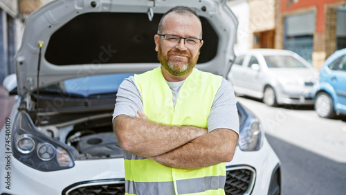 Confident and handsome middle aged caucasian man with beard and glasses smiling with arms crossed beside his broken car on urban street