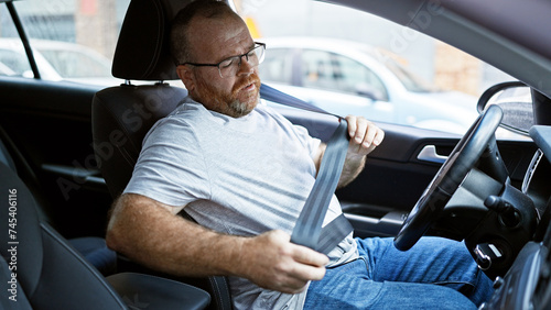 Handsome middle-aged caucasian man donning glasses, locking in car seat belt, ready for a road trip. portrait of him sitting in car, urban street setting, a serious expression on his face. © Krakenimages.com