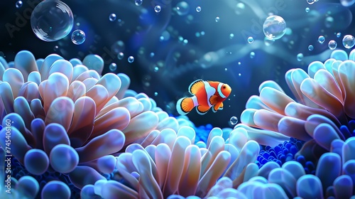 Vibrant clownfish swimming among coral reefs in a serene underwater scene, capturing the beauty of marine life. perfect for educational and decorative use. AI © Irina Ukrainets