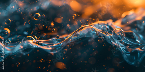 Abstract blue and orange water background. Liquid close-up. Image for packaging design, wallpapers, posters. Banner with copy space.