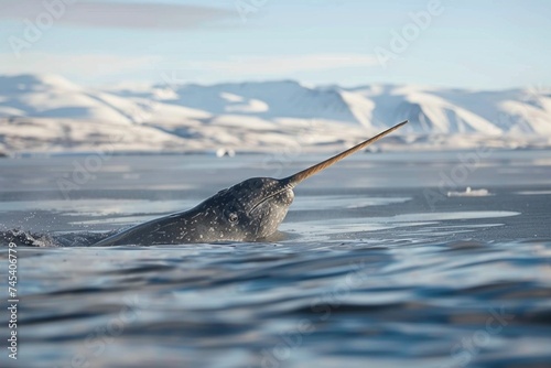 A narwhal's tusk emerges from the frigid Arctic waters with snowy mountains in the backdrop. Place for text photo