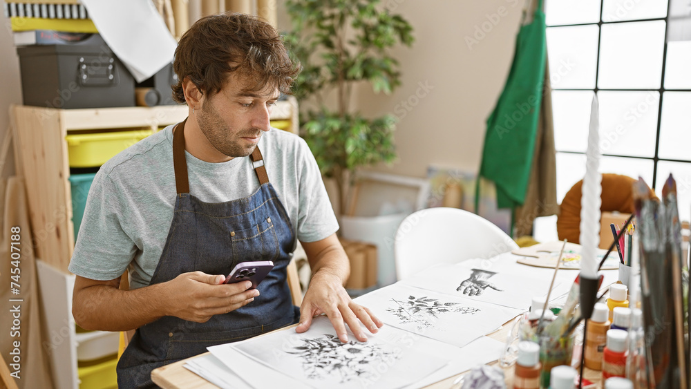 Handsome young hispanic man artist, confidently drawing on canvas, looking at smartphone for inspiration in his vibrant art studio Handsome young hispanic man artist, confidently drawing on canvas, looking at smartphone for inspiration in his vibrant art studio