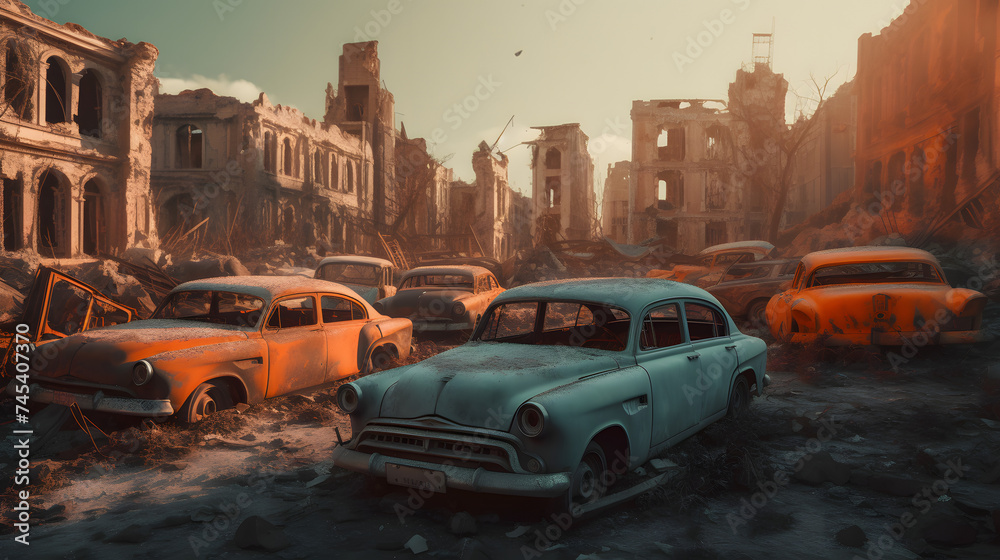 a fire of cars and burning vehicles in the ruins of a destroyed city