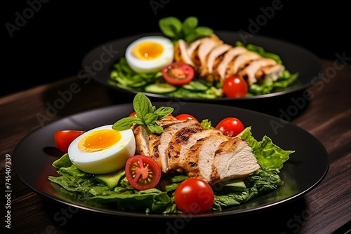 Rich salad plates of green leaves and vegetables with avocado or eggs, chicken and shrimp isolated on wooden table