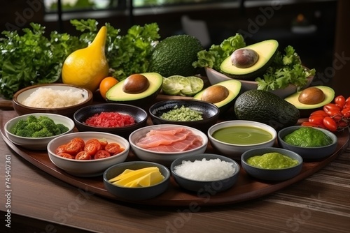 Rich salad plates of green leaves and vegetables with avocado or eggs, chicken and shrimp isolated on wooden table