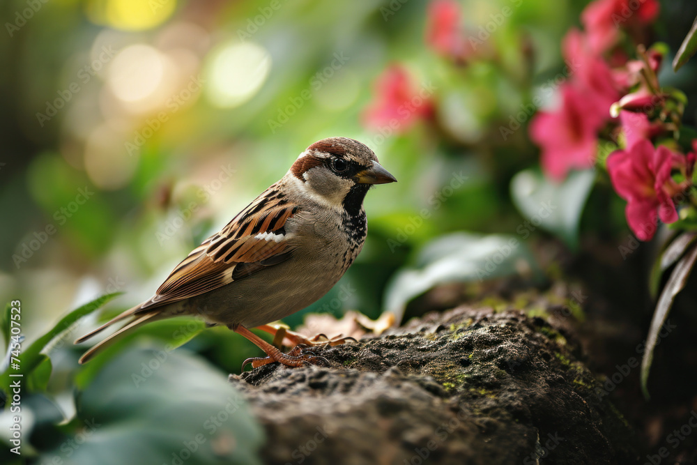 Fototapeta premium Sparrow on a branch in a morning light and blurry background