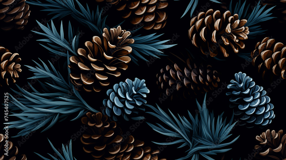 Christmas pattern with pine cones and fir branches on a dark background Christmas pattern with pine cones and fir branches on a dark background