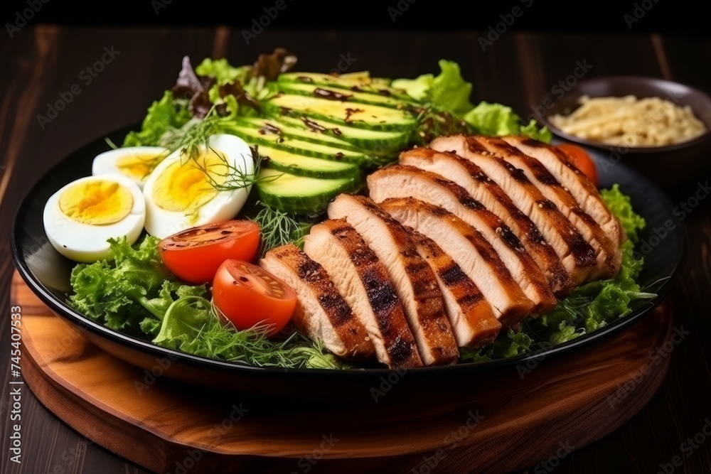 Rich salad plates of green leaves and vegetables with avocado or eggs, chicken and shrimp isolated on a wooden table on a light background