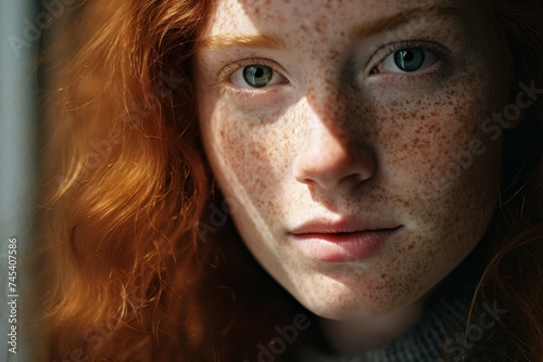 Close-up portrait of woman with striking features, blue eyes, freckles, in studio lighting