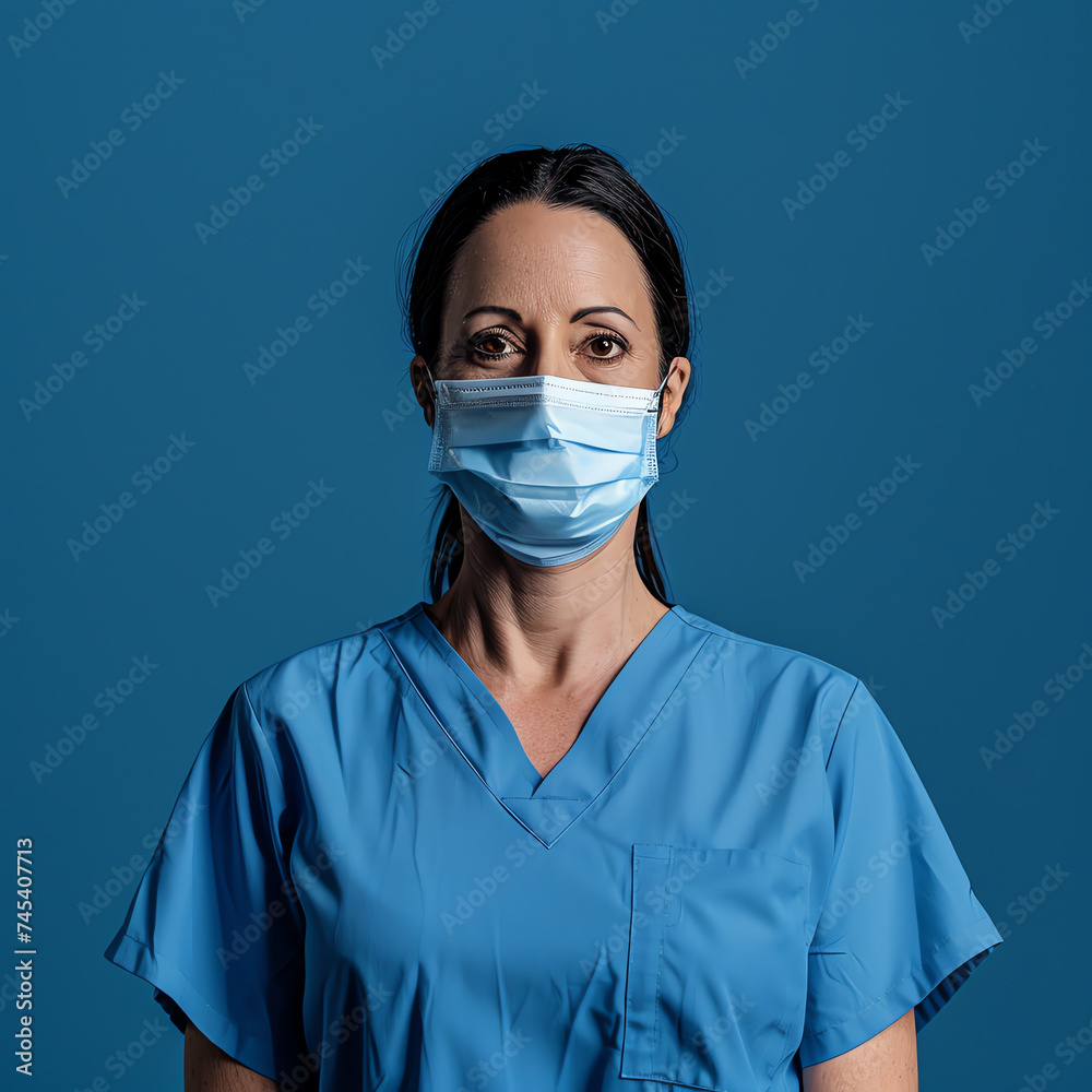 Resolute Female Nurse with Mask Against Blue Background Resolute Female Nurse with Mask Against Blue Background