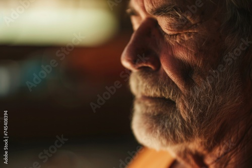 Closeup of elderly mans face with beard, wrinkles, and worried expression © Anna