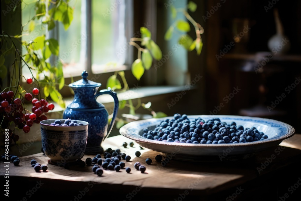 A tranquil still life with blueberries in a porcelain bowl and jug by a window, exuding old-world charm.