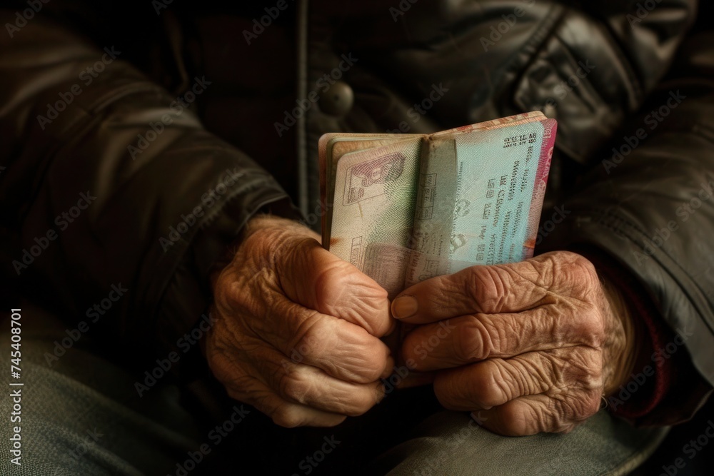 The elderly mans wrinkled fingers grasp a handful of money - obrazy, fototapety, plakaty 