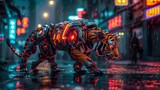 An advanced cybernetic tiger roams a neon-lit street, blending natural instinct with technology