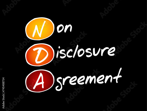 NDA Non-Disclosure Agreement - legal contract between two parties that outlines confidential material, acronym text concept background