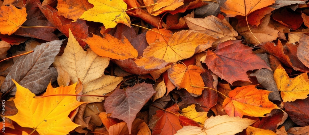 A bunch of dry leaves is scattered on the ground in an autumn garden. The leaves create a beautiful carpet of vibrant color, adding a touch of seasonal beauty to the outdoor space. A bunch of dry leaves is scattered on the ground in an autumn garden. The leaves create a beautiful carpet of vibrant color, adding a touch of seasonal beauty to the outdoor space.