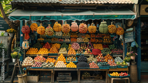 Colorful Fruit Stand Displaying an Assortment of Fresh Produce in a Traditional Market 