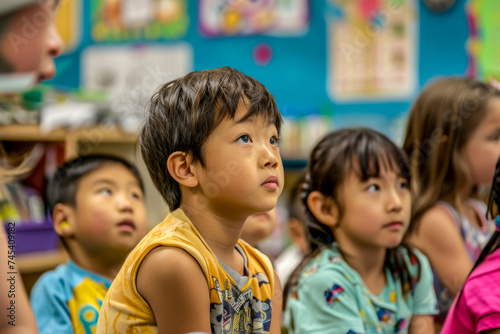Young child listens intently in a colorful classroom setting with other students