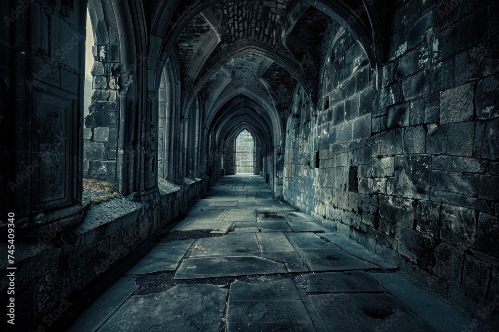 Rays of light filtering through an arched corridor of an ancient stone cloister, creating a dramatic play of light and shadows.
