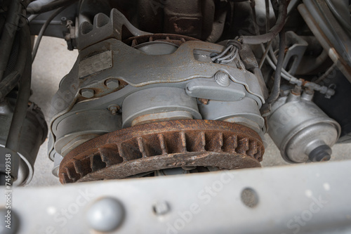 Detail of the electrobrake or electromagnetic brake coupled to the transmission of a cargo truck