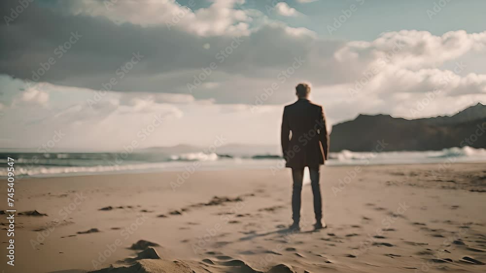 Business man stands atop a sandy beach, looking out at the sea. The sun glints off the water as waves crash gently onshore Business man stands atop a sandy beach, looking out at the sea. The sun glints off the water as waves crash gently onshore
