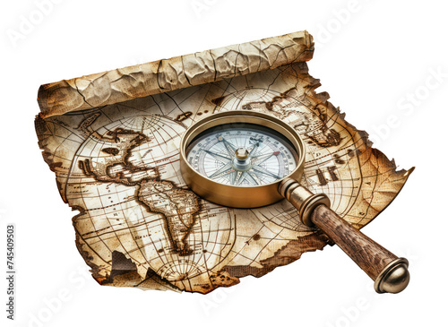 Vintage exploration with compass and old map, cut out - stock png.