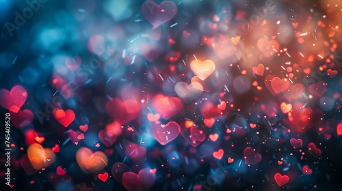 A vibrant, dreamy image full of floating red and blue heart-shaped bokeh lights symbolizing love, joy, and celebration