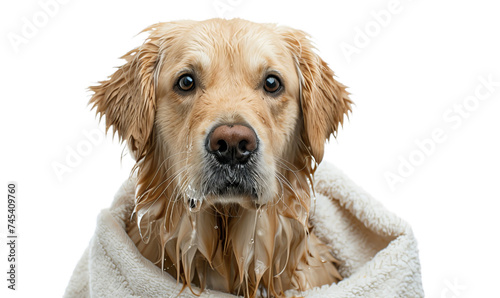 Beautiful golden retriever after bath with towel.