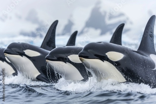 A pod of orcas, also known as killer whales, cutting through icy waters with their distinctive black and white markings, in a cold sea environment with icebergs in the background. © evgenia_lo