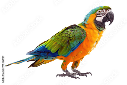 Green parrot on an isolated black background, cut out - stock png.
