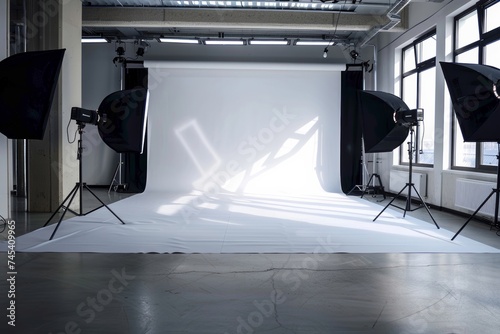 Empty professional photo studio with large white backdrop lit by studio lights  perfect for fashion shoots