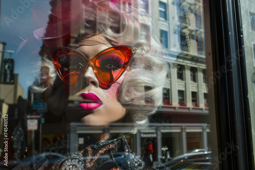 mannequin in shopping window with reflection of street life