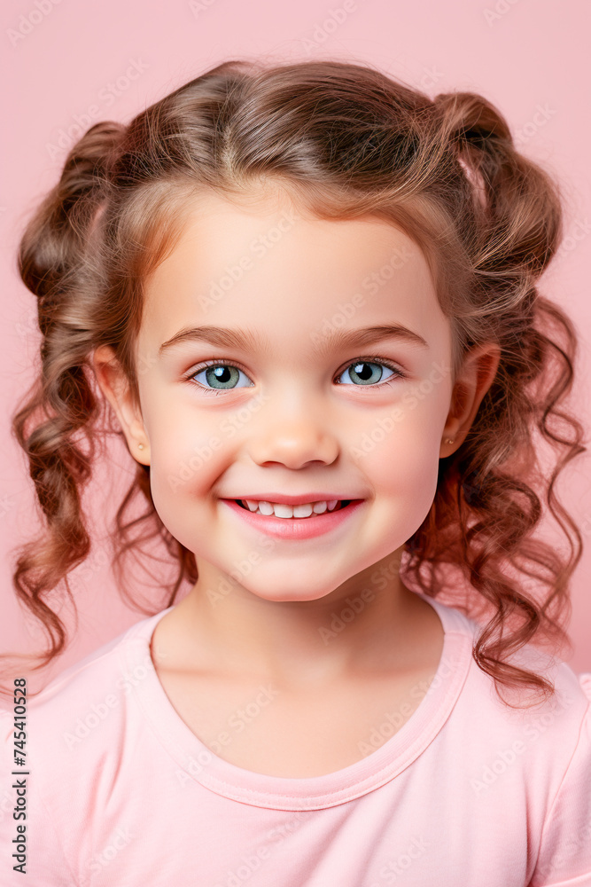 Happy Little Girl Portrait. Joyful Child in a Pink World Happy Little Girl Portrait. Joyful Child in a Pink World