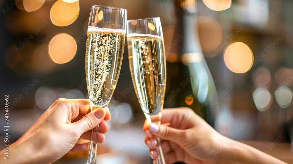 Two hands clinking champagne glasses, likely in a celebration or toast, with golden bubbles and a blurred festive background