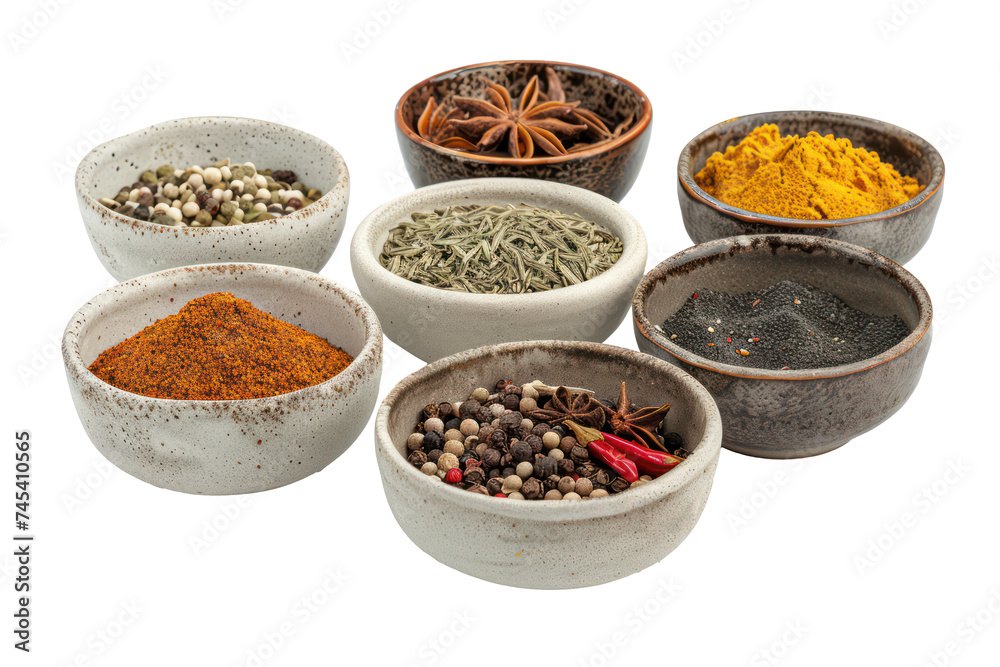 Assorted spices in ceramic bowls, cut out - stock png. Assorted spices in ceramic bowls, cut out - stock png.
