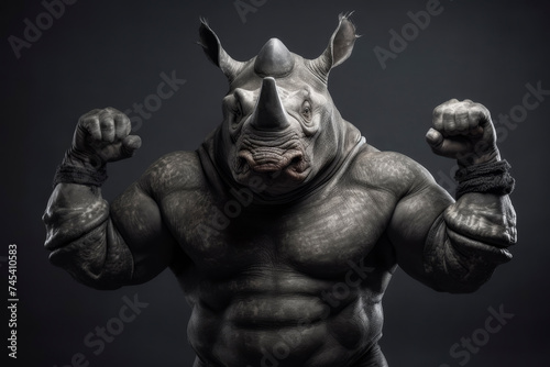 Anthropomorphic muscular rhinoceros posing with fists raised on dark background © spyrakot
