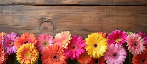 A row of vibrant gerbera flowers in various hues, including red, pink, orange, and yellow, arranged neatly on top of a rustic wooden table.