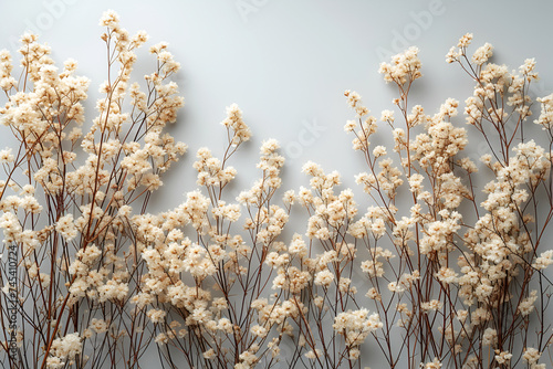 Flowers in muted, earthy tones, creating a feeling of calm and elegance and minimalism. White background.